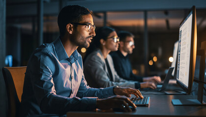 Coding Team Late at Night: Focused individuals intensely analyze data and construct code on their computers, contributing to an atmosphere of focused activity in an office setting.