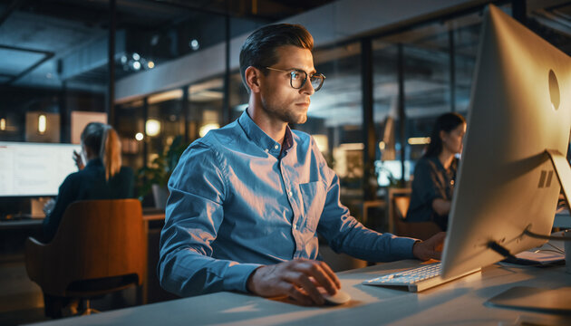 Night Work in Modern Office: A focused professional, bathed in the cool light of a modern office, diligently works on a desktop computer.