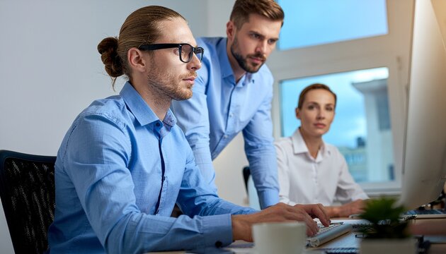 Focused Collaboration: Capturing the essence of teamwork, a group of dedicated professionals work together, heads bent in concentration, around a computer, illuminated by the soft glow of an office