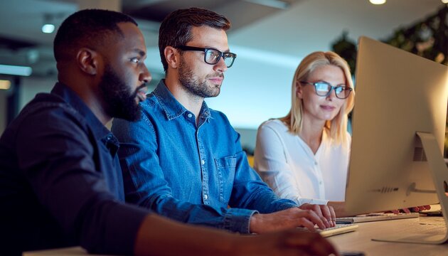 Team of Professionals at Work: A group of focused professionals collaborate, illuminated by the soft glow of a computer screen, signifying intense concentration and teamwork.