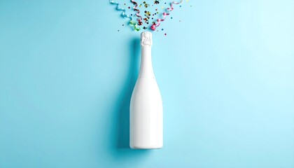 White bottle on blue, confetti streamers above