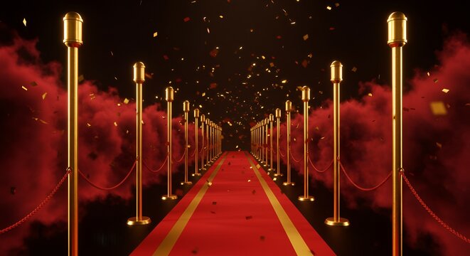 A red carpet runner with gold stanchions presents a prestigious and exclusive entrance way.
