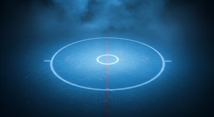Dramatic blue ice rink with center circle and subtle fog, evoking a sense of anticipation.