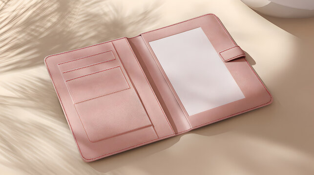 Open pink leather folder mockup with pockets on beige surface with shadows.

