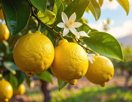 Yellow lemons and white flowers on a tree against blue sky - Powered by Adobe
