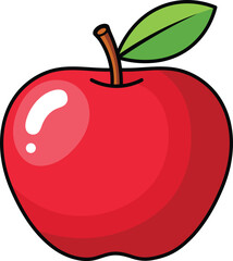 Red apple with green leaf and brown stem cartoon illustration fruit food