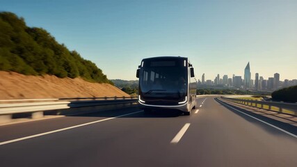 Modern electric bus swiftly drives toward the city skyline on the highway