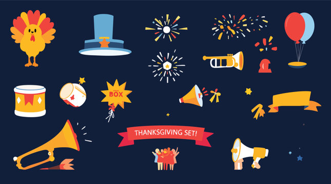 Thanksgiving Celebration Set with Turkey Horns Fireworks and Festive Elements.