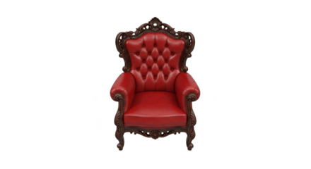 Ornate red leather armchair with carved dark wood frame