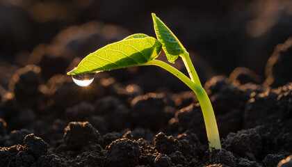 The Perfect Morning Dewdrop. A tiny bean sprout with its first two leaves open. A single large perfect spherical water droplet (morning dew) is clinging to the edge of one leaf.