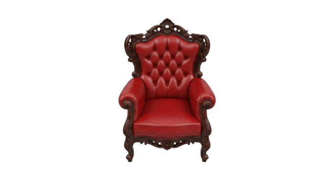 Ornate red leather armchair with carved dark wood frame - Powered by Adobe