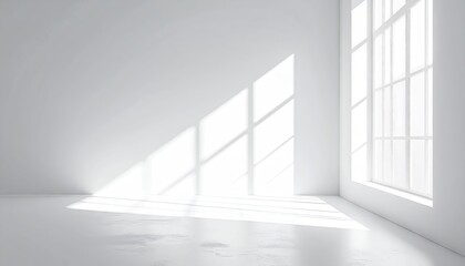 Obraz premium Empty white room; sun through paneled window casts shadows