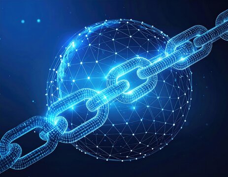 Digital chain link over a wireframe globe, blue glow - Powered by Adobe