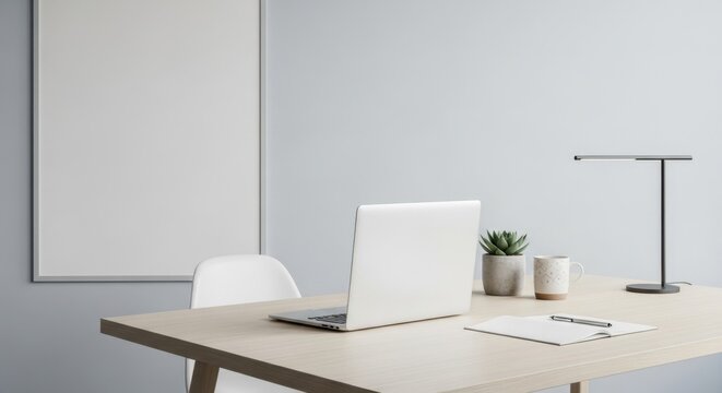 minimalist office workspace with laptop and decorative plants in a contemporary setting