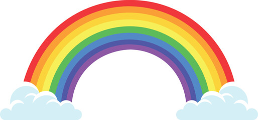 Colorful rainbow arc with fluffy white clouds on a white background spectrum