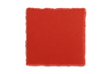Red square torn paper with distressed rough edges presenting a blank textured background on transparent alpha channel