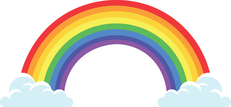 Colorful rainbow arc with fluffy white clouds on a white background spectrum