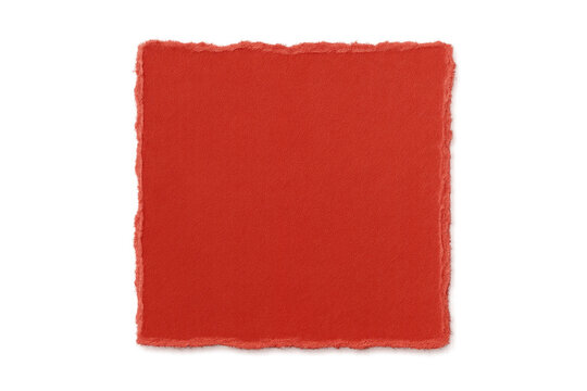Red square torn paper with distressed rough edges presenting a blank textured background on transparent alpha channel