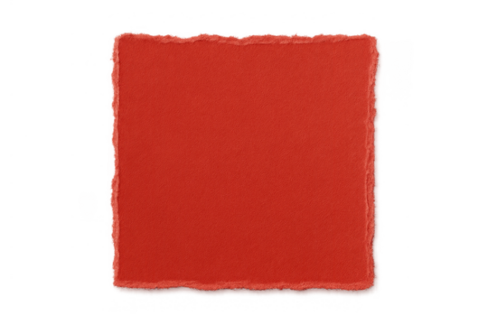 Red square torn paper with distressed rough edges presenting a blank textured background on transparent alpha channel