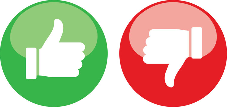 Green thumbs up and red thumbs down icons on white background like dislike