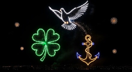 Neon light display of a dove, a four-leaf clover, and an anchor against a dark background.