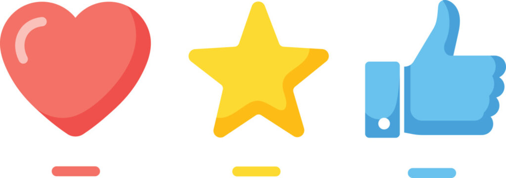 Red heart yellow star blue thumb up icons on white background like favorite