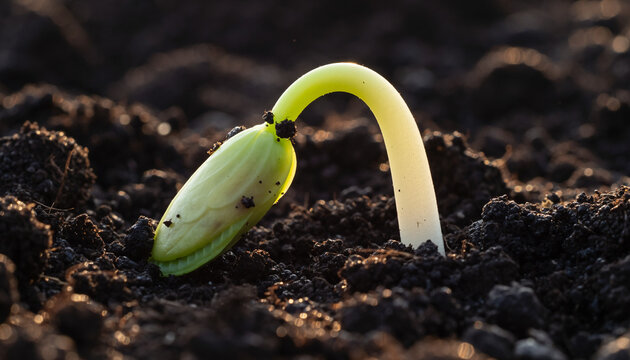 The Sprout Lifting the Soil. The pale green hypocotyl arch of a bean sprout is just breaking through the surface of the dark moist soil. It is lifting a single small clump of dirt on its back.
