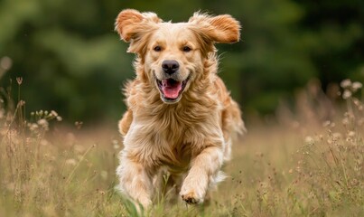 Happy golden retriever dog enthusiastically runs through a grassy field outdoors