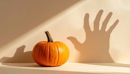 Pumpkin with hand shadow on neutral wall