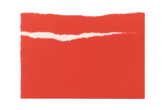 Red textured paper strip showing a horizontal tear and jagged edge, revealing the white fiber, isolated on a transparent background