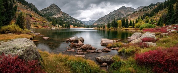 Autumn mountain lake framed by colorful trees, rugged peaks, and a cloudy sky