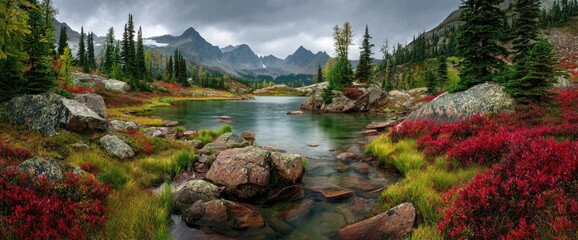 Vibrant autumn mountain lake panorama with colorful foliage, rocks, and cloudy sky
