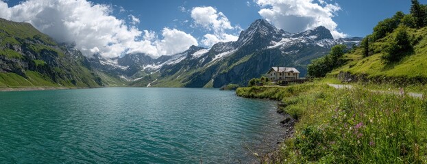 A panoramic view of a vibrant turquoise mountain lake with a distant lodge