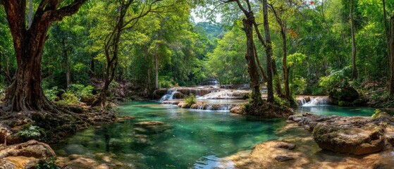 Obraz premium Lush jungle scene with turquoise river, cascading waterfalls, and ancient trees
