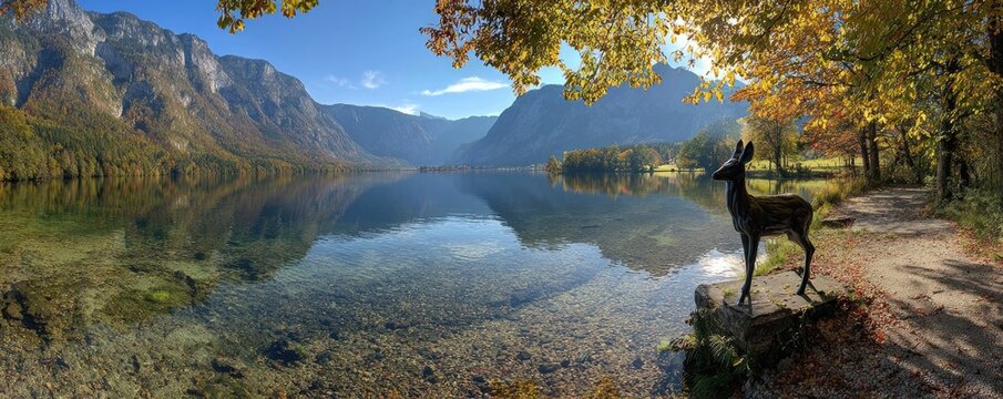 Autumn scenic panorama deer by a reflective mountain lake, vibrant fall foliage