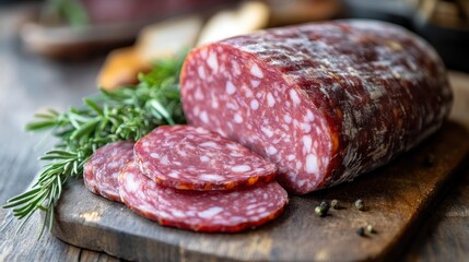 Sliced cured sausage on rustic wooden board