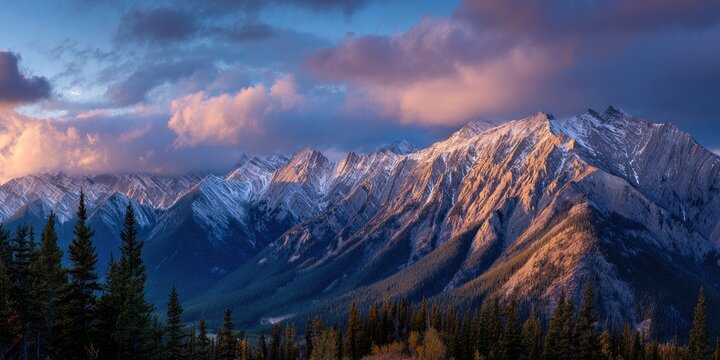 Vast mountain peaks with snow and trees, bathed in golden light under a dramatic sky