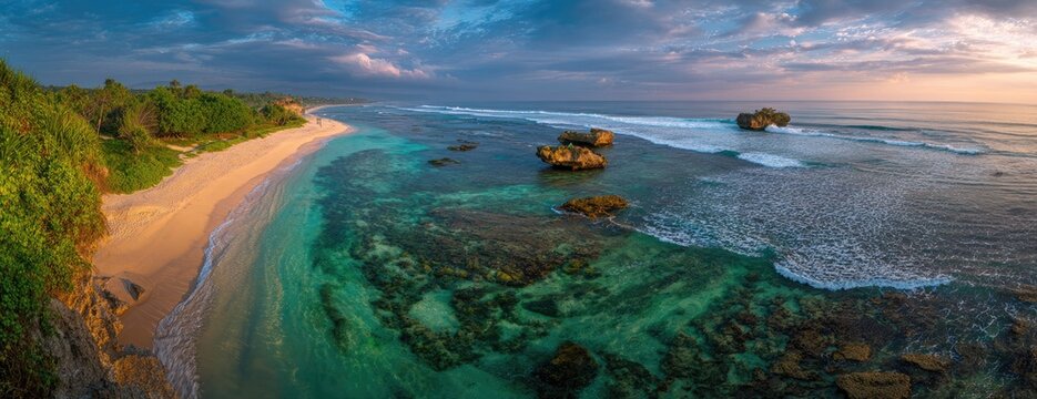 Panoramic tropical beach turquoise water, sand, green foliage, sea rocks, cloudy sunset sky
