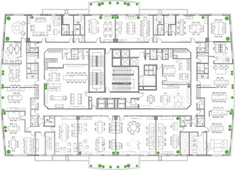 Fototapeta premium Detailed architectural blueprint of a large complex building floor plan showing rooms offices and corridors