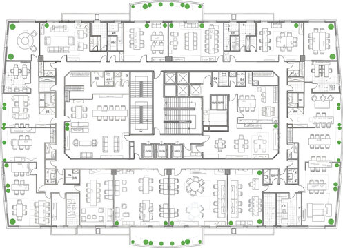 Detailed architectural blueprint of a large complex building floor plan showing rooms offices and corridors