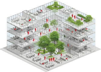 Modern architectural concept of a sustainable office building with integrated green spaces and natural light for employee well being