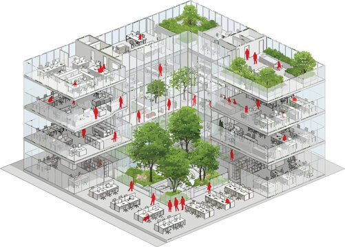 Modern architectural concept of a sustainable office building with integrated green spaces and natural light for employee well being