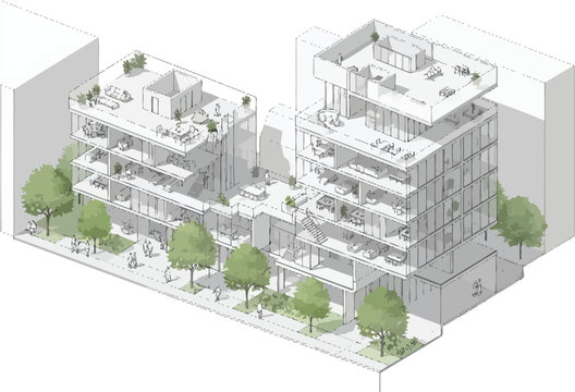Isometric architectural drawing of a modern residential building complex with balconies and green trees in an urban setting