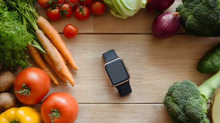 Smartwatch with fresh vegetables on wooden table — healthy lifestyle technology concept
