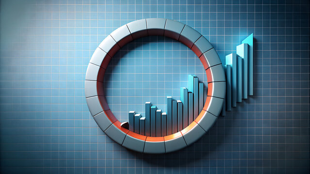 Abstract 3D Circle Graph with Rising Bar Chart for Financial Growth Presentation on Blue Grid Background