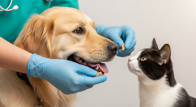 Veterinarian in blue gloves offering treats to golden retriever and cat.