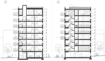 Architectural cross section drawings of two apartment buildings showing interior layouts and exterior details