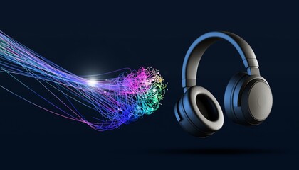 Abstract data stream visualized as colorful light trails between wireless headphones.