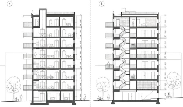 Architectural cross section drawings of two apartment buildings showing interior layouts and exterior details