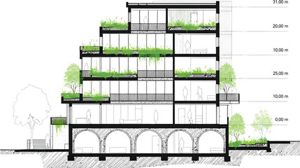 Architectural cross section drawing of a modern multi story building with green terraces and trees integrated into its design